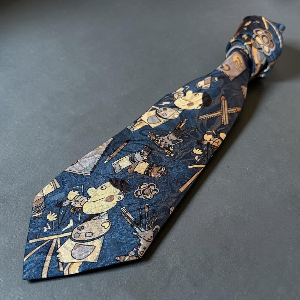 Vintage Ambassador Novelty Tie Mens Aqua Beige Artist Print Silk Size 57”